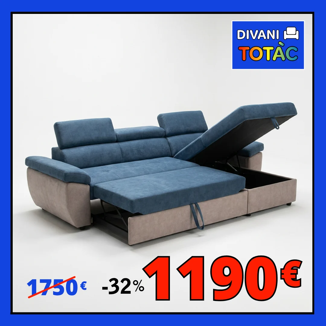 Divano letto angolare blu e beige, pronta consegna, in offerta a 1190€