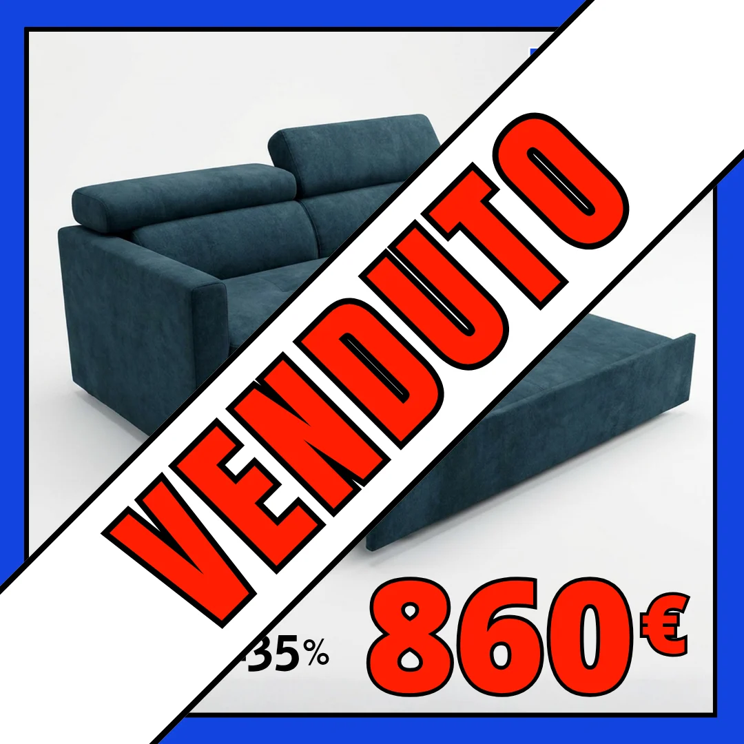 Divano angolare blu con scritta "VENDUTO" e prezzo 860€