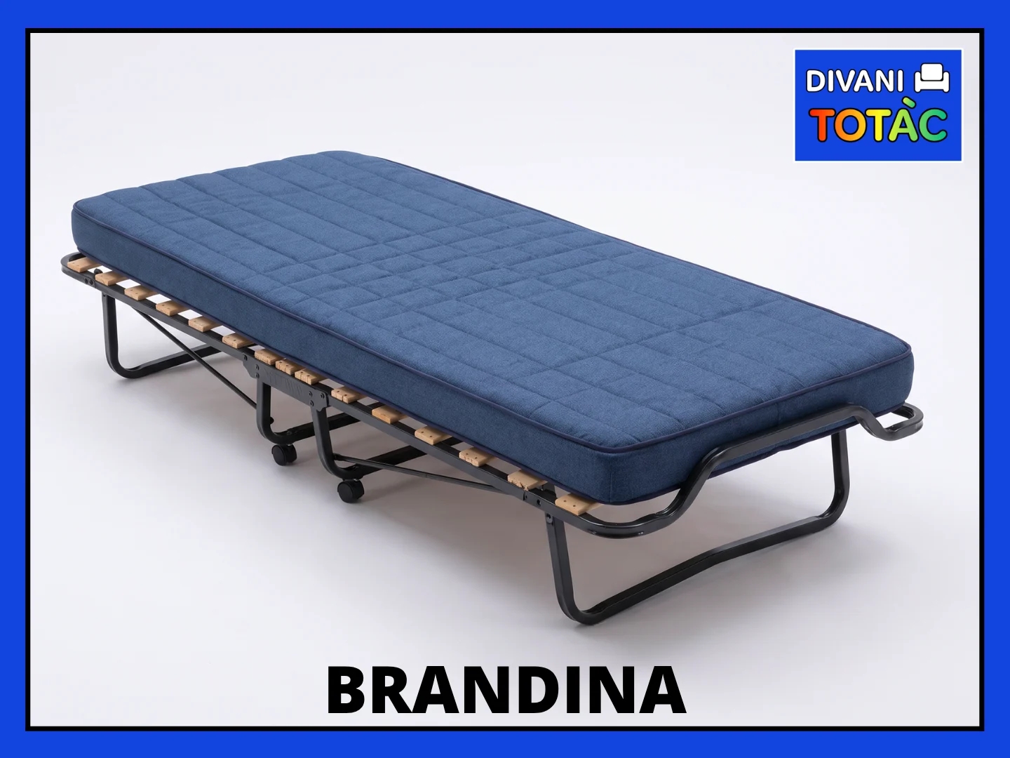Brandina letto pieghevole blu con struttura in metallo e ruote