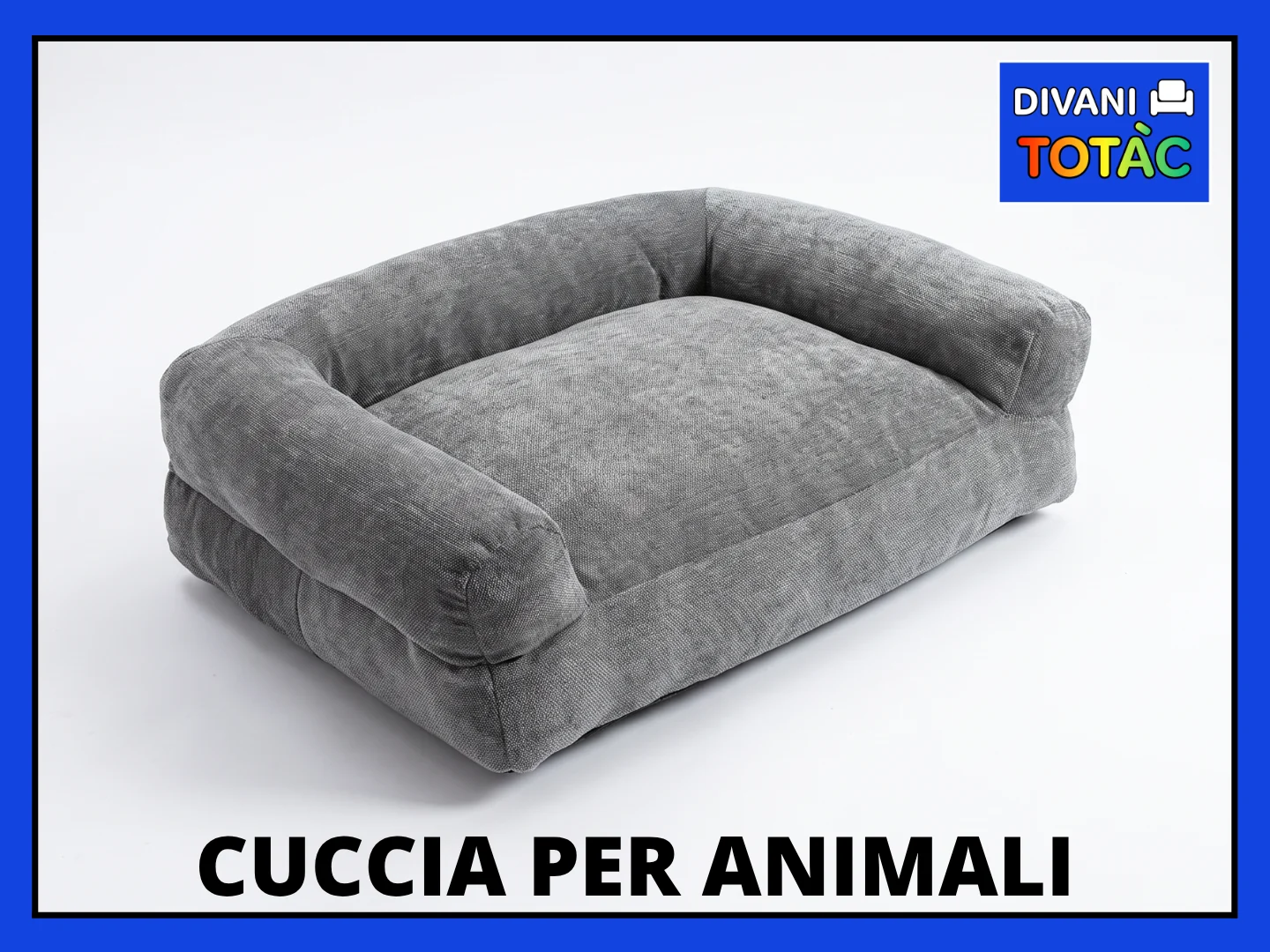 Cuccia per animali grigia imbottita, design moderno, logo Totac