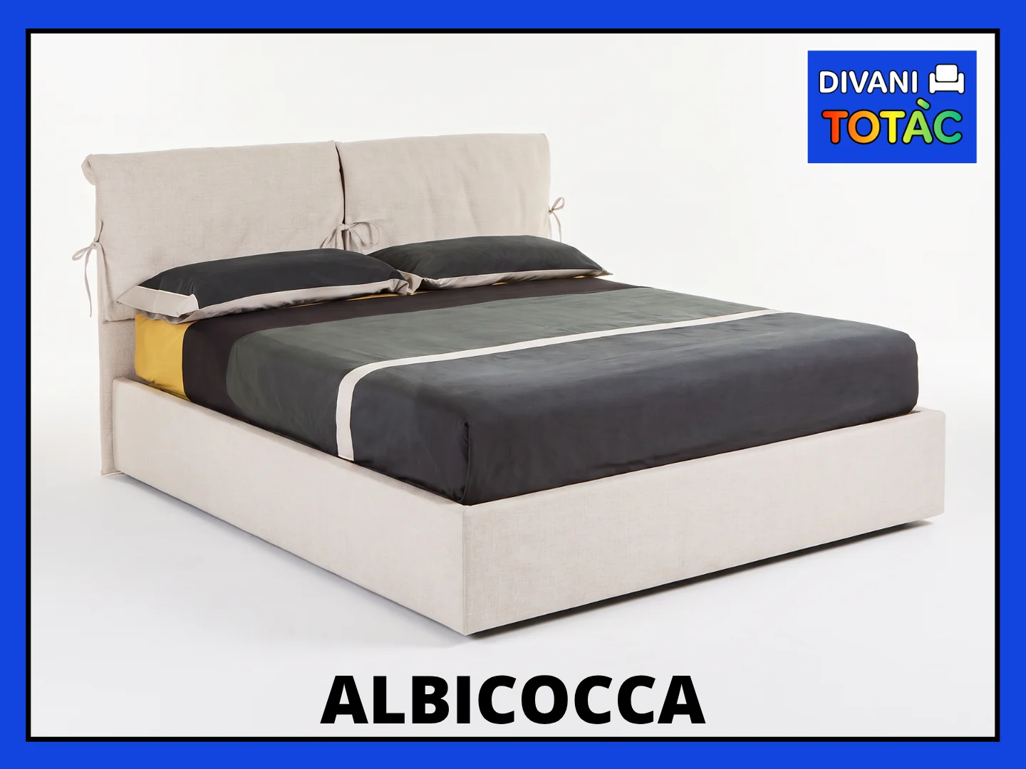 Letto matrimoniale Albicocca con testiera imbottita e biancheria colorata.