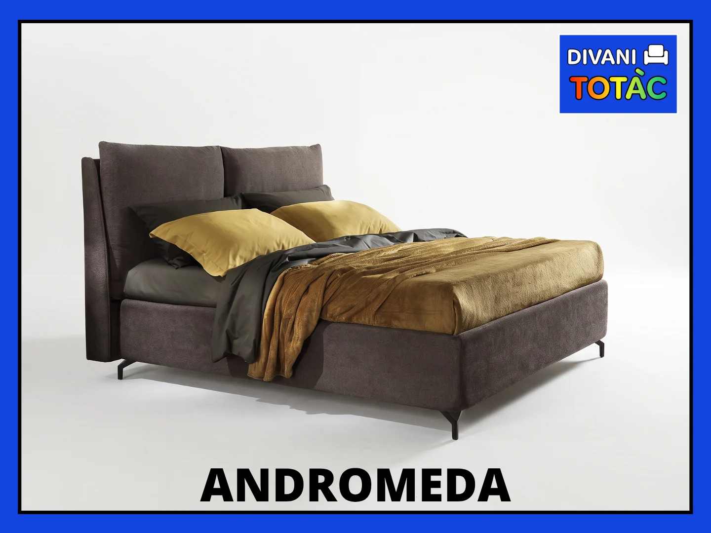 Letto matrimoniale Andromeda con testiera alta e finiture in tessuto grigio scuro.