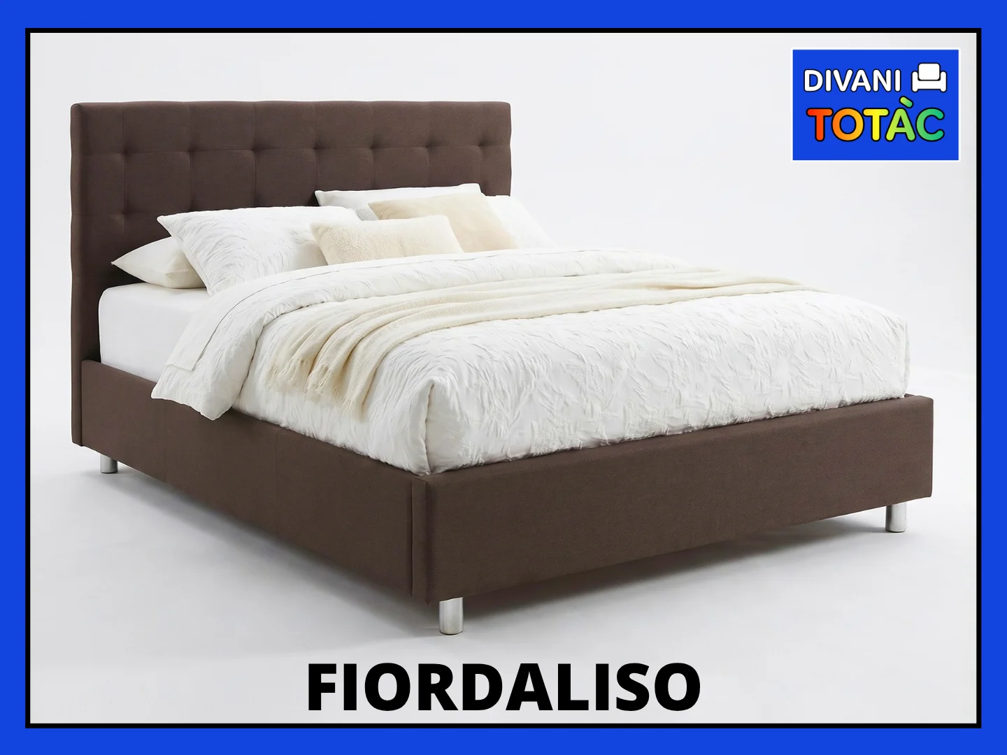 Letto matrimoniale Fiordaliso marrone con testiera capitonné e logo Divani Totàc
