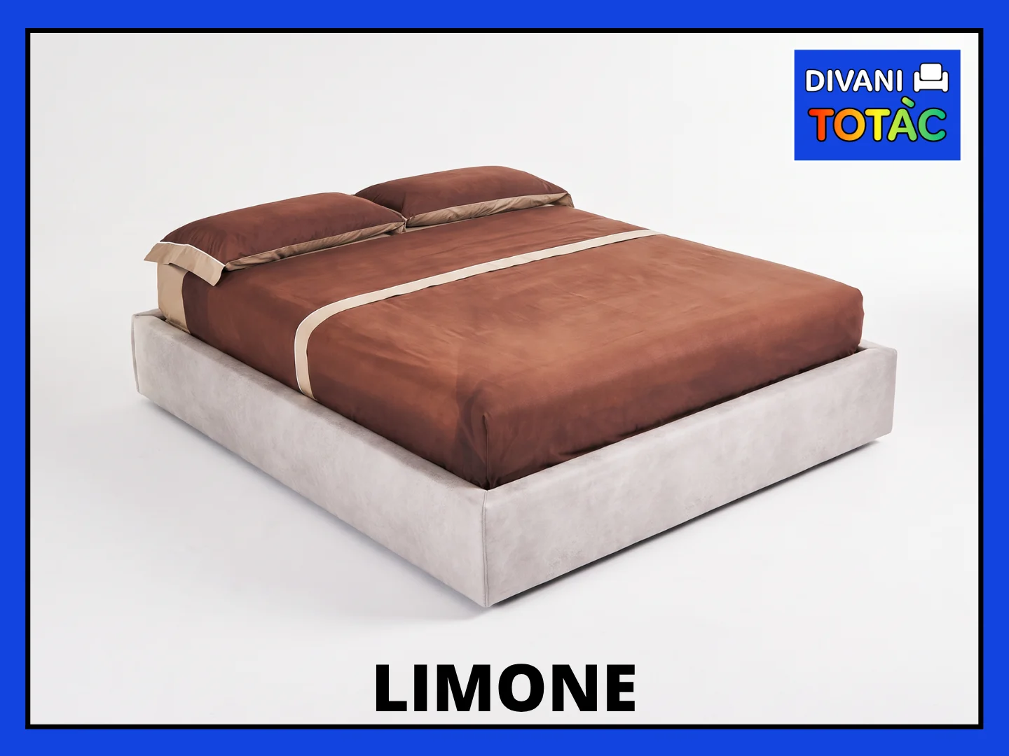 Letto matrimoniale Limone con struttura imbottita grigia e biancheria da letto marrone