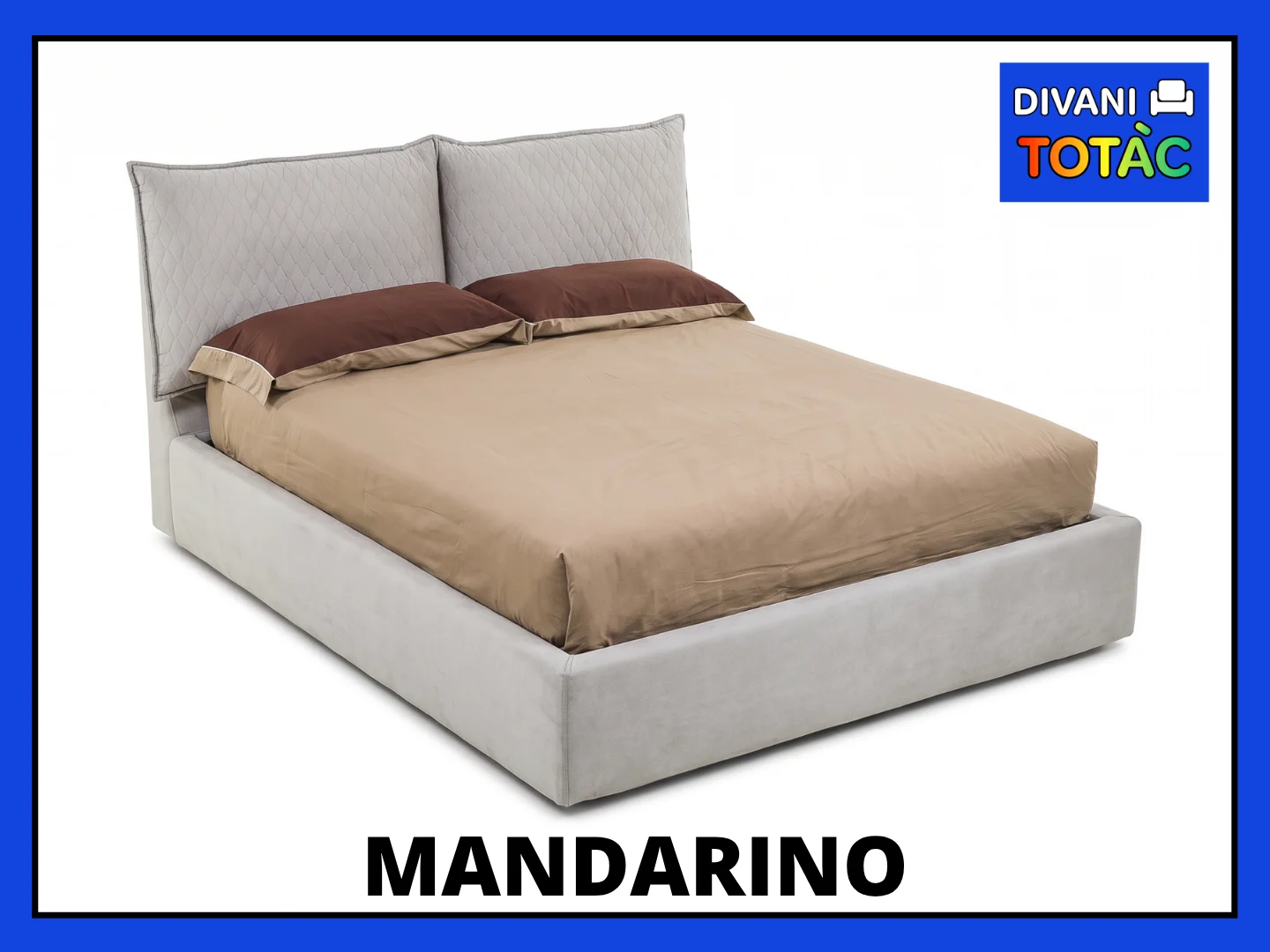 Letto matrimoniale Mandarino grigio con testiera trapuntata e due cuscini marroni