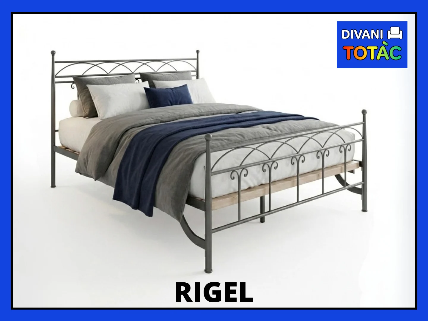 Letto matrimoniale Rigel in ferro battuto grigio, con testiera decorata