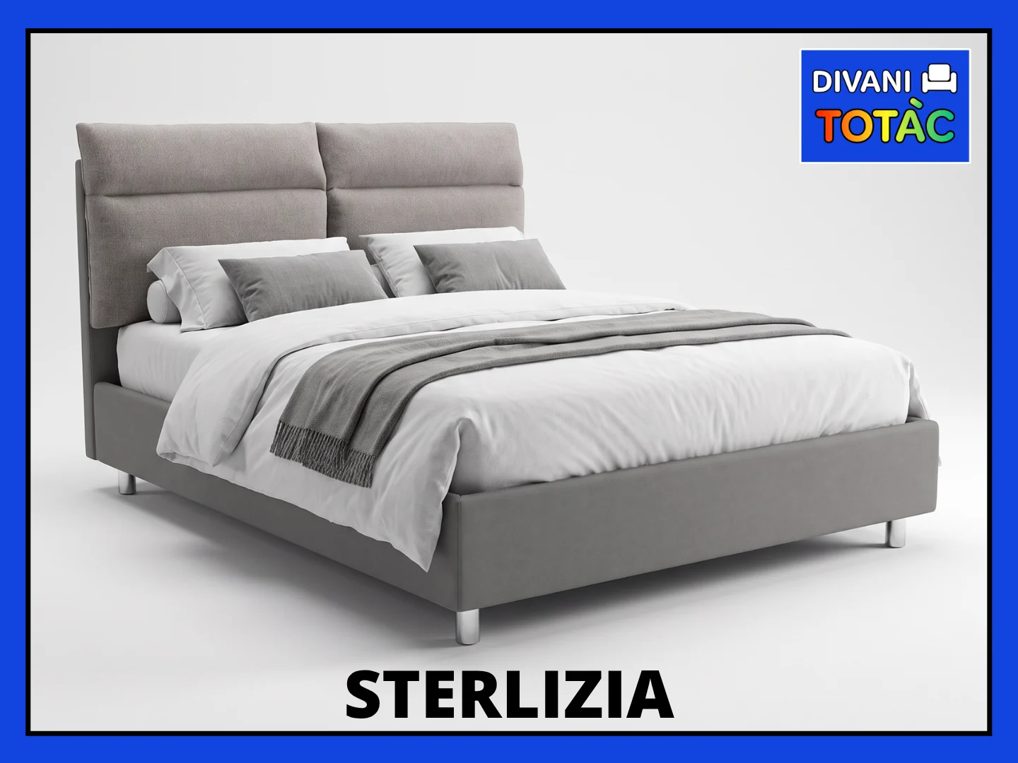 Letto matrimoniale Sterlizia grigio con testiera alta e logo Divani Totàc
