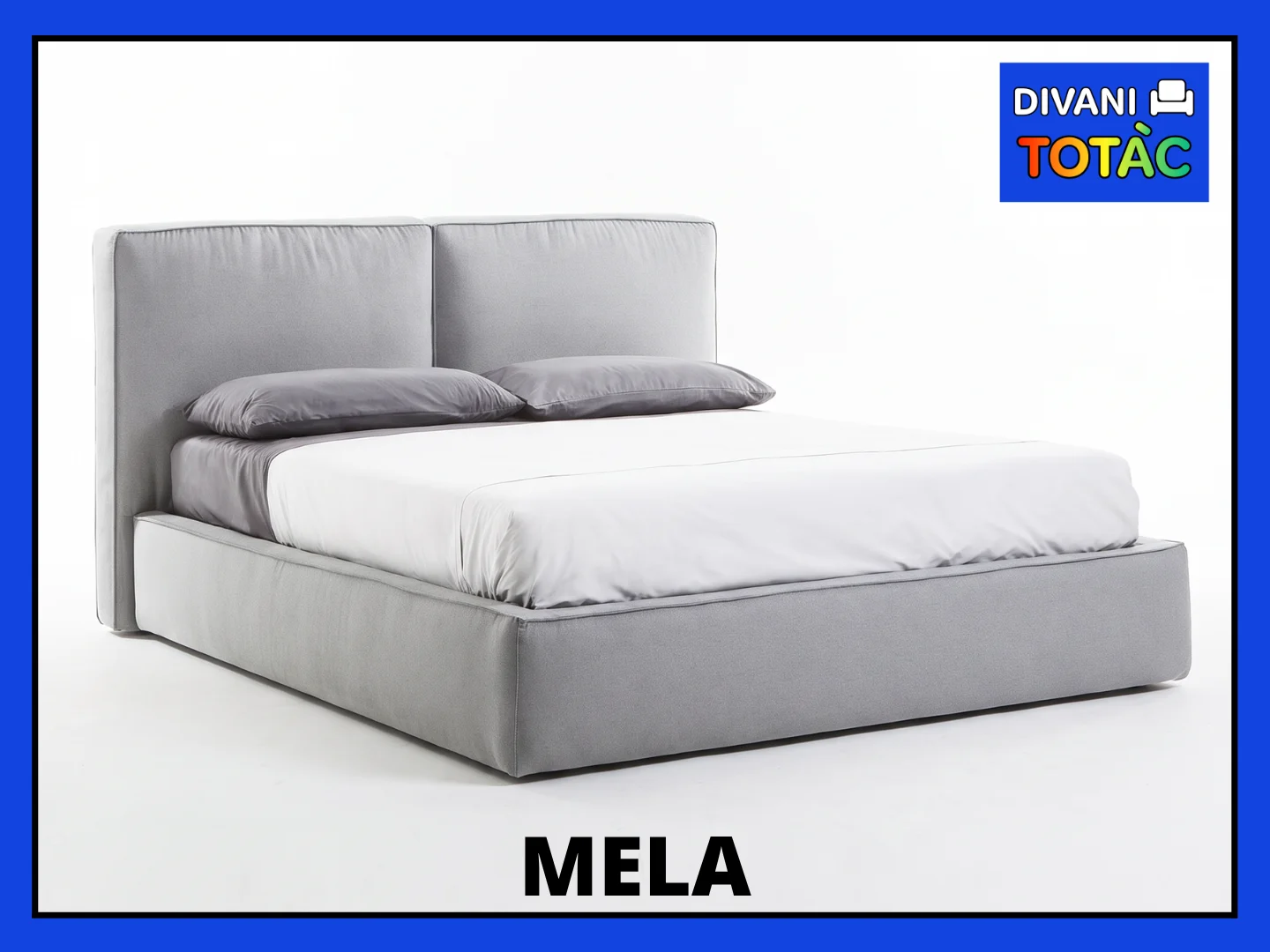 Letto "Mela" grigio con testiera alta e cuscini, design moderno