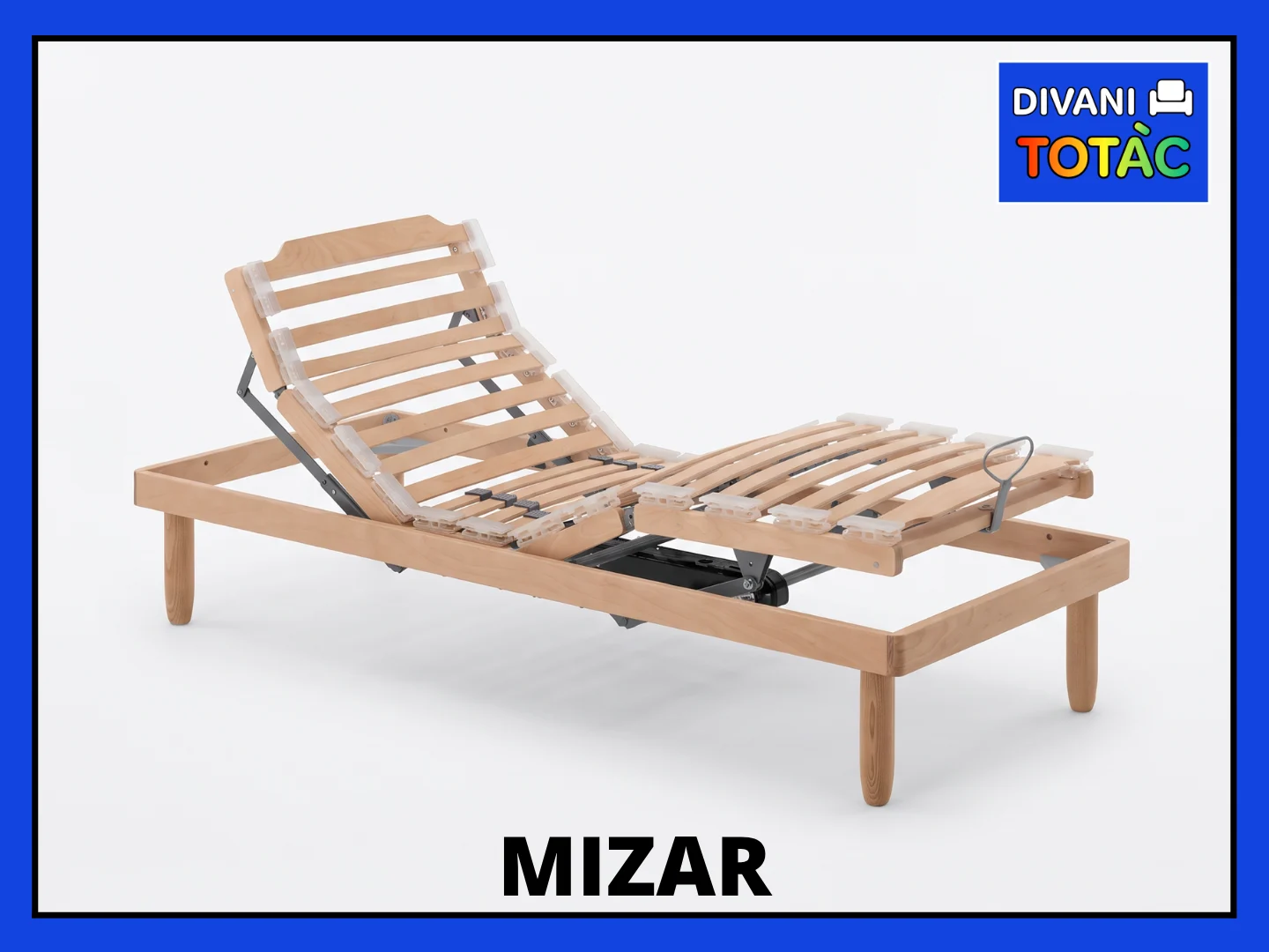 Rete per letto Mizar regolabile in legno, con logo Divani Totac.
